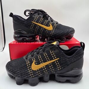 Nike Air VaporMax Flyknit 3 GS Black Metallic Gold Kids Shoes BQ5238-004 Size 4Y